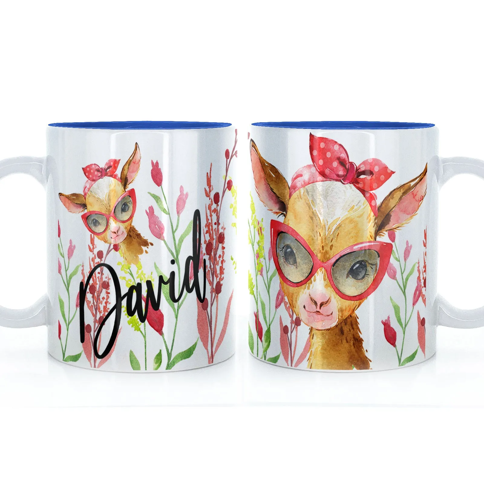 Personalised Mug with Stylish Text and Ginger Goat & Red Flowers