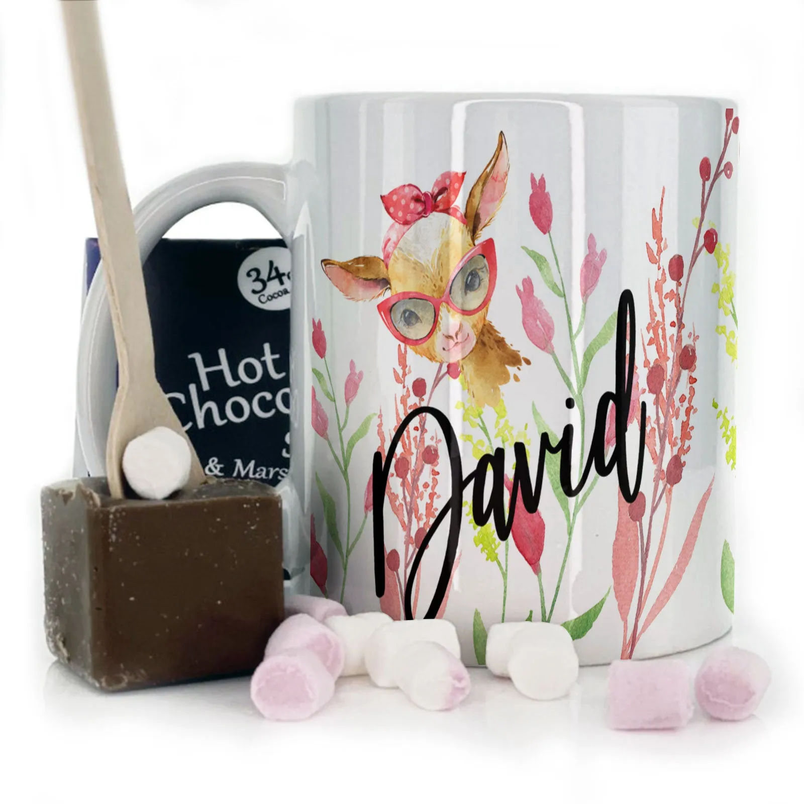 Personalised Mug with Stylish Text and Ginger Goat & Red Flowers