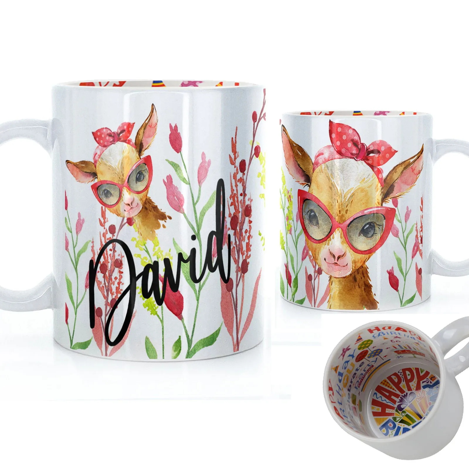 Personalised Mug with Stylish Text and Ginger Goat & Red Flowers