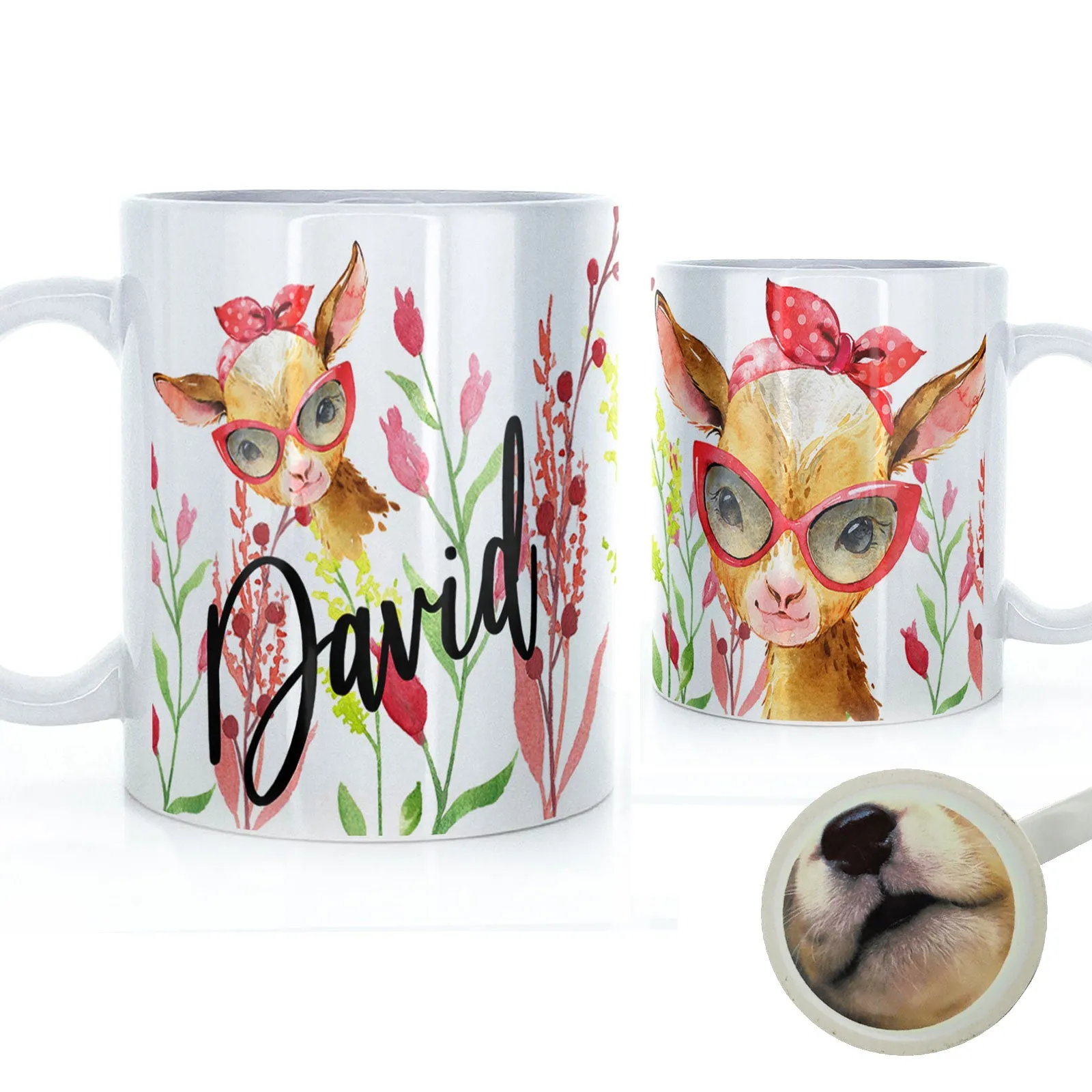 Personalised Mug with Stylish Text and Ginger Goat & Red Flowers