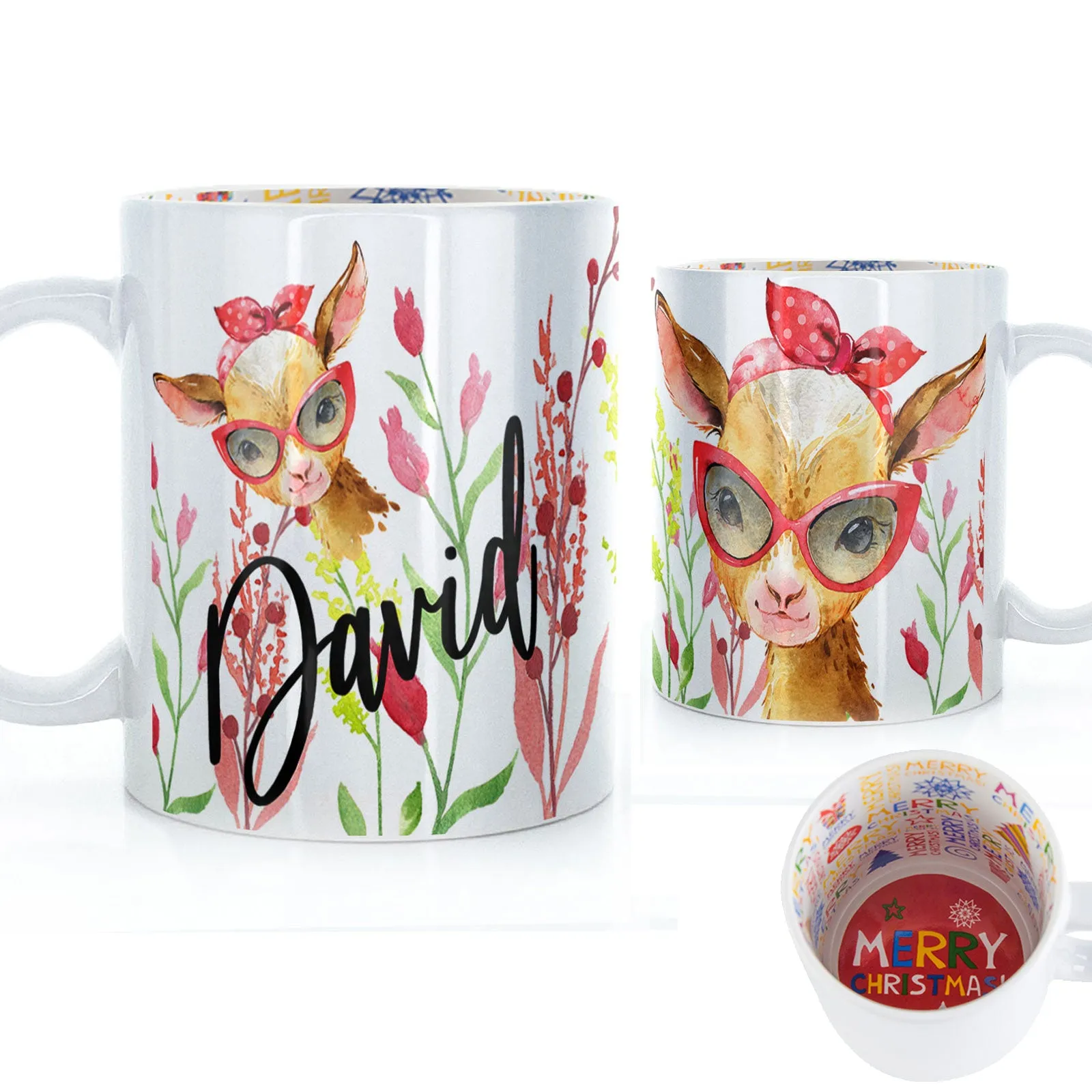 Personalised Mug with Stylish Text and Ginger Goat & Red Flowers