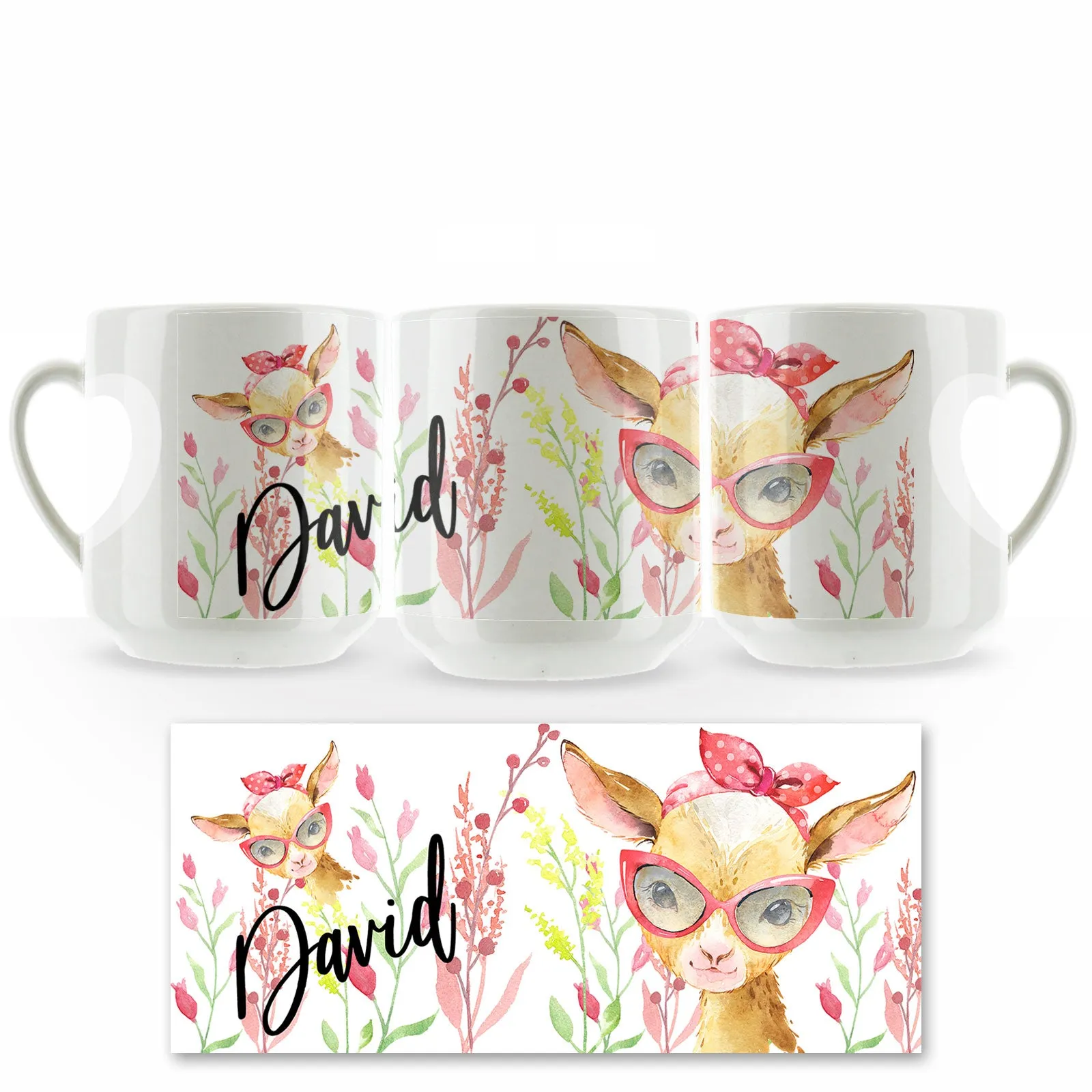 Personalised Mug with Stylish Text and Ginger Goat & Red Flowers