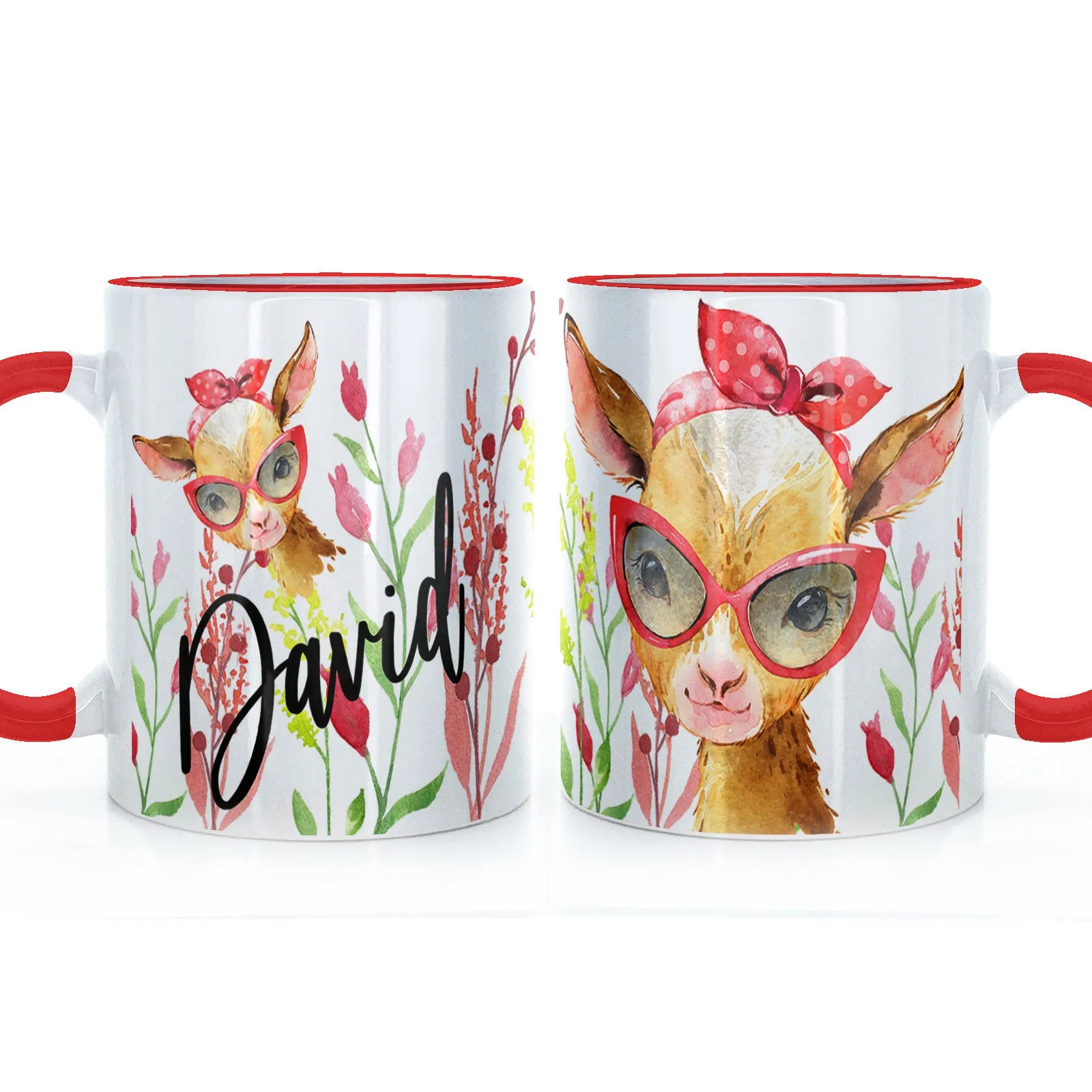 Personalised Mug with Stylish Text and Ginger Goat & Red Flowers