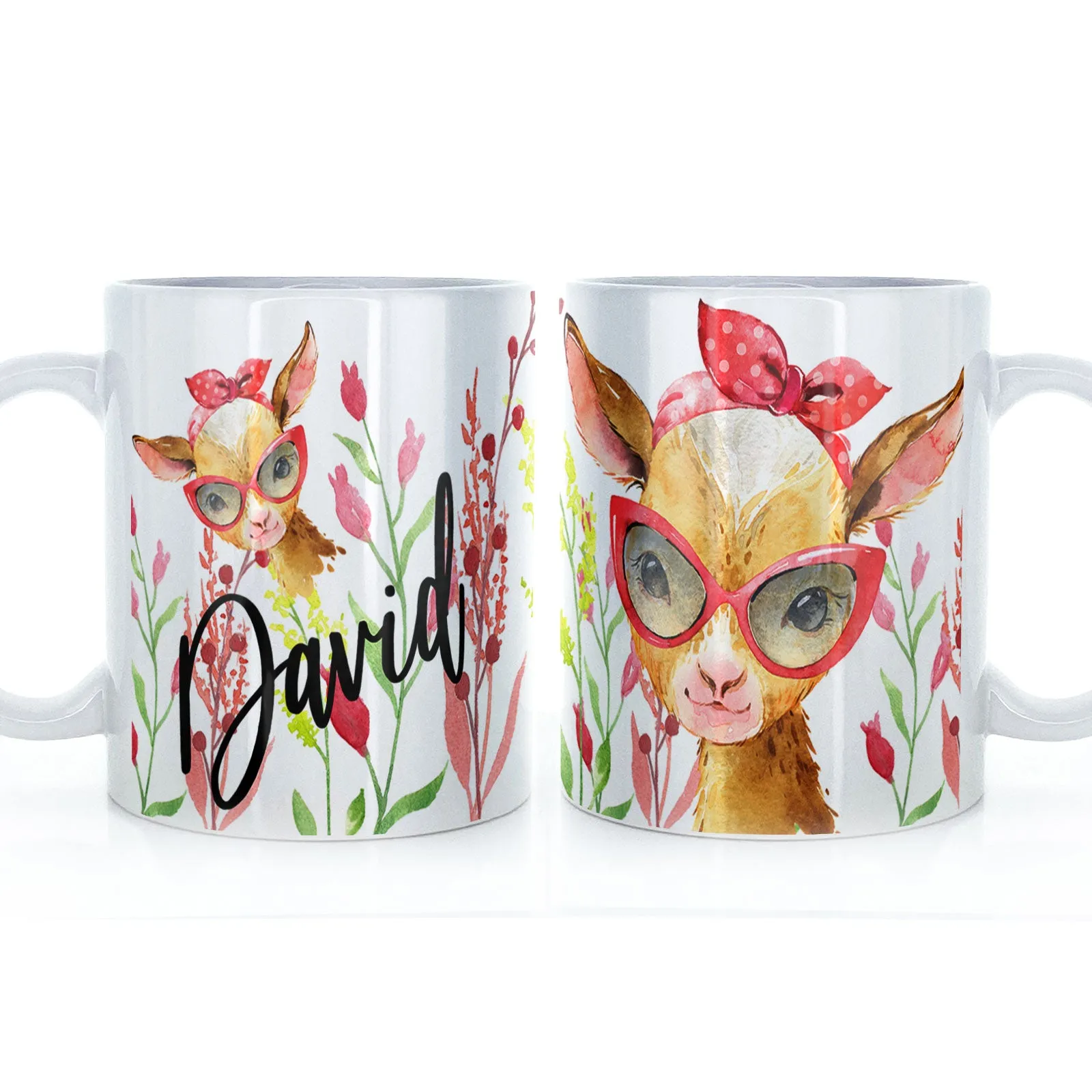 Personalised Mug with Stylish Text and Ginger Goat & Red Flowers