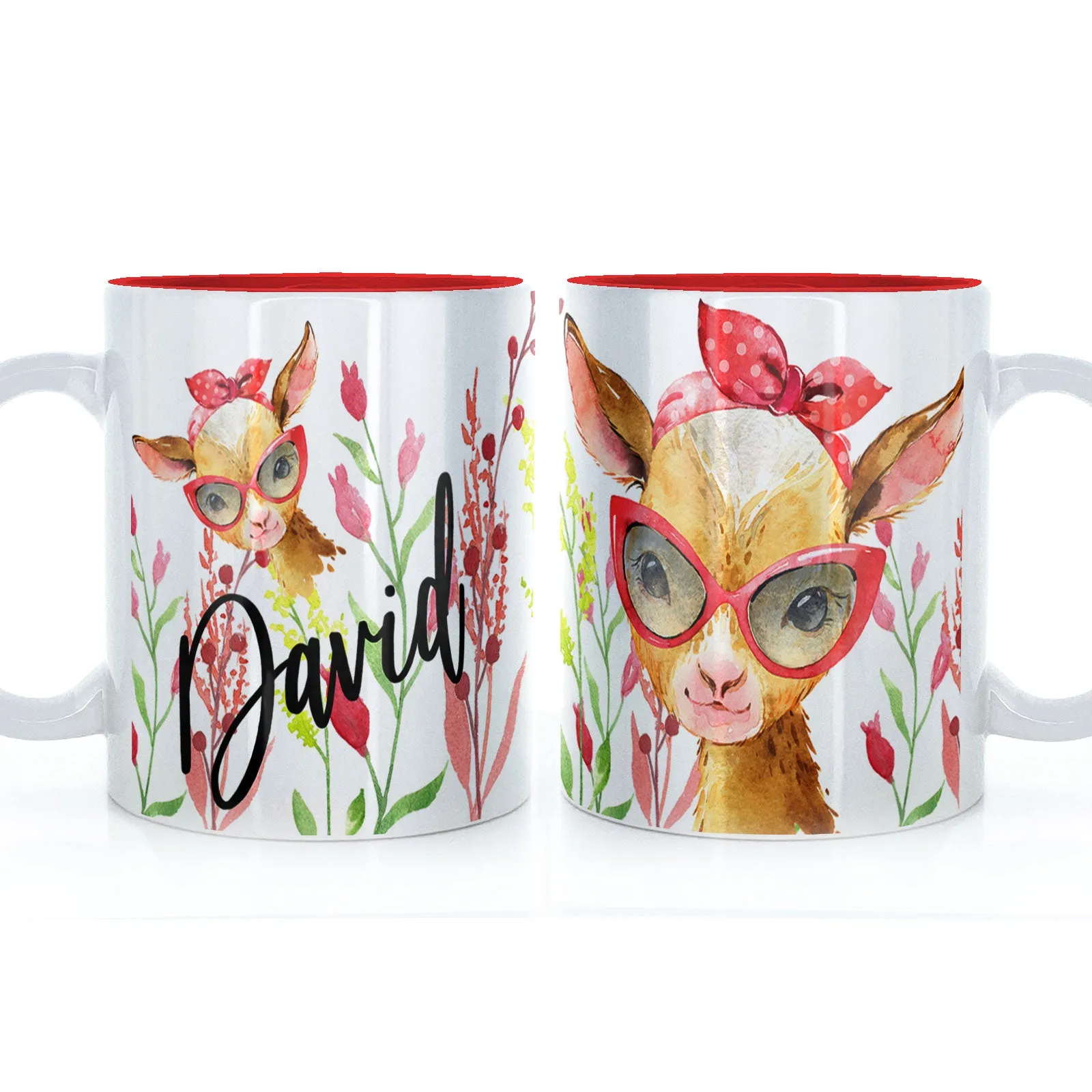 Personalised Mug with Stylish Text and Ginger Goat & Red Flowers