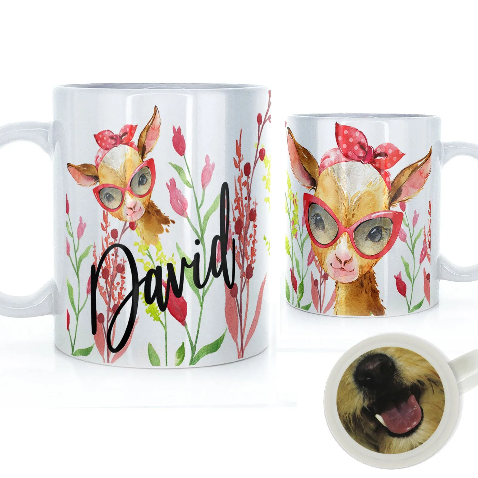 Personalised Mug with Stylish Text and Ginger Goat & Red Flowers