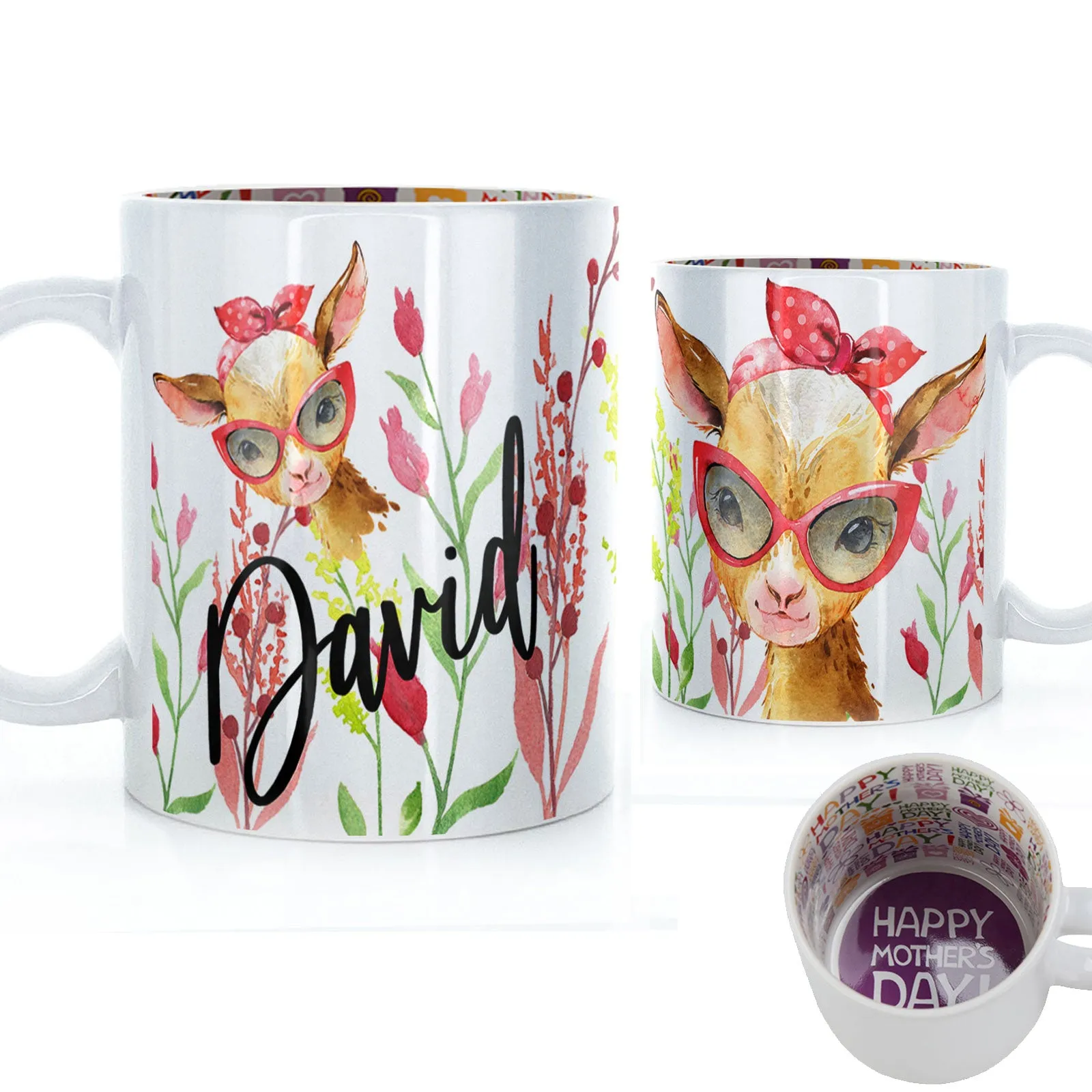 Personalised Mug with Stylish Text and Ginger Goat & Red Flowers