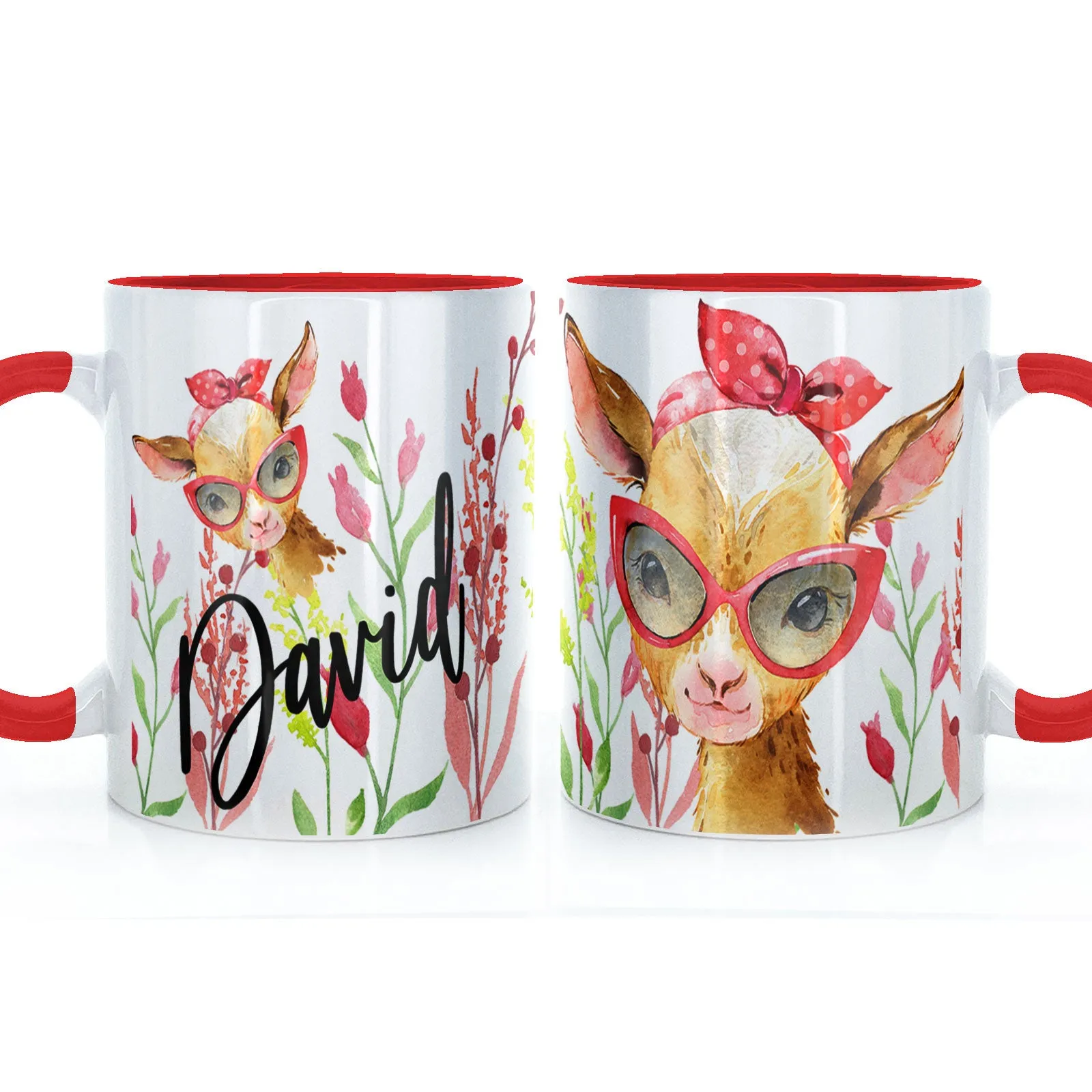 Personalised Mug with Stylish Text and Ginger Goat & Red Flowers