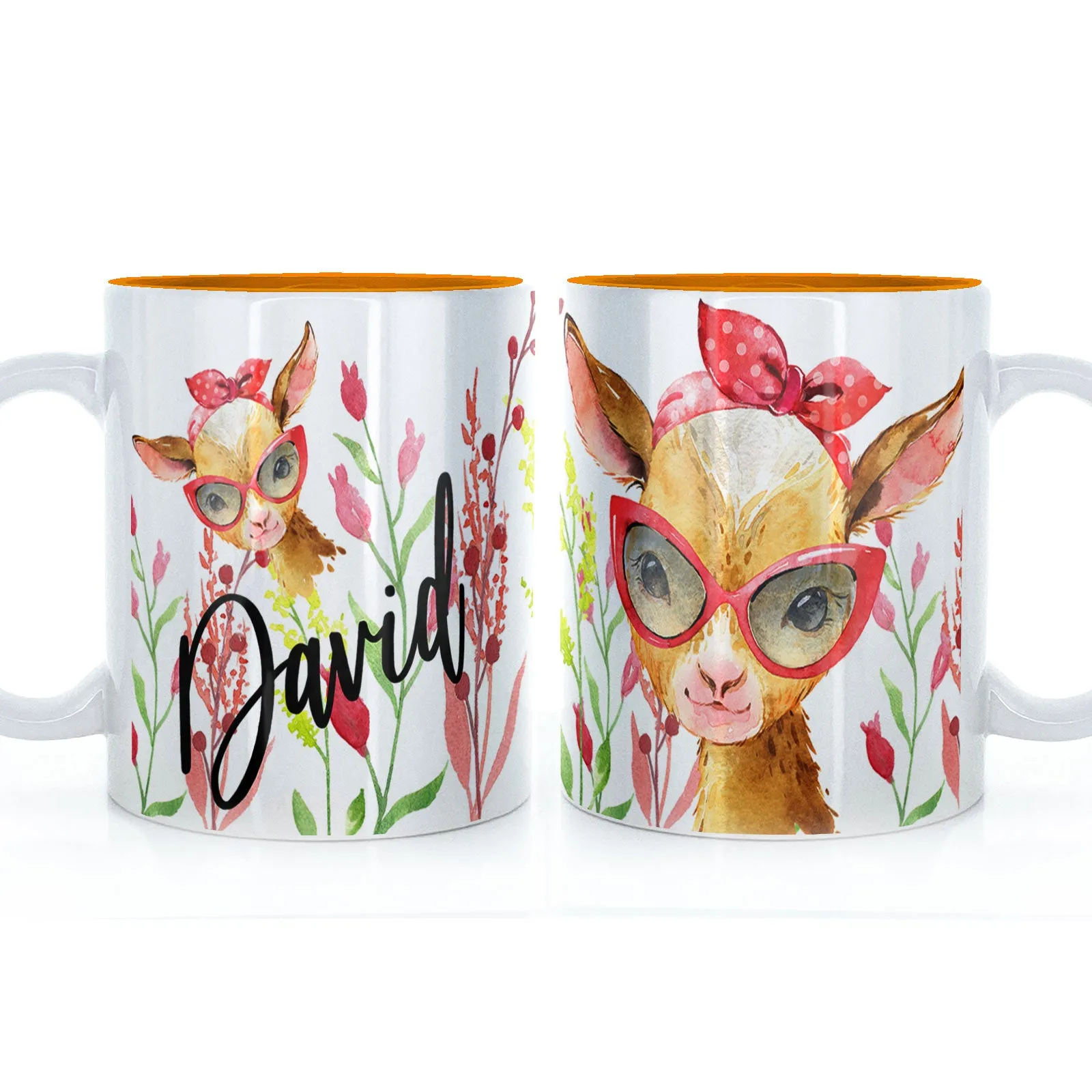 Personalised Mug with Stylish Text and Ginger Goat & Red Flowers
