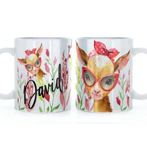 Personalised Mug with Stylish Text and Ginger Goat & Red Flowers
