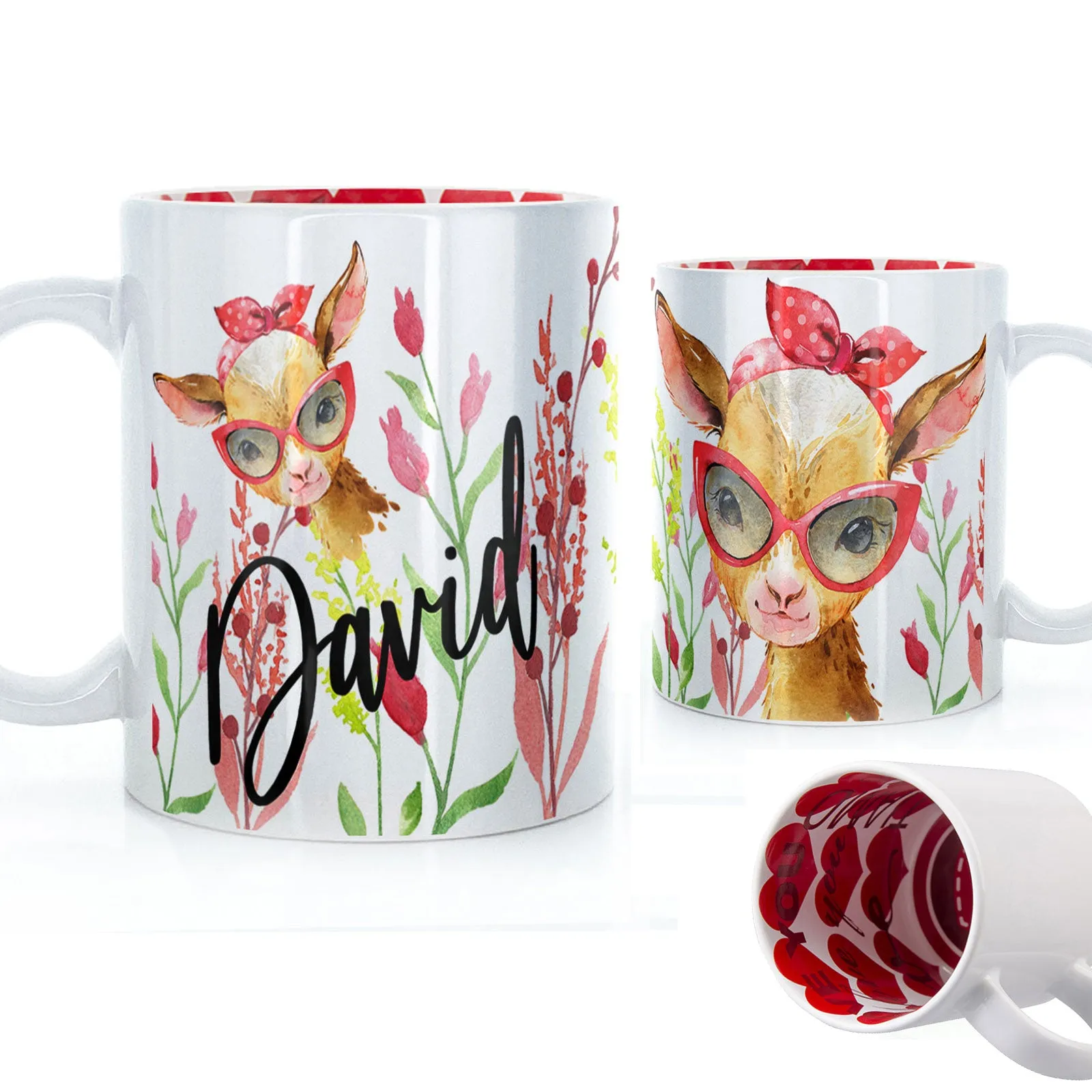 Personalised Mug with Stylish Text and Ginger Goat & Red Flowers