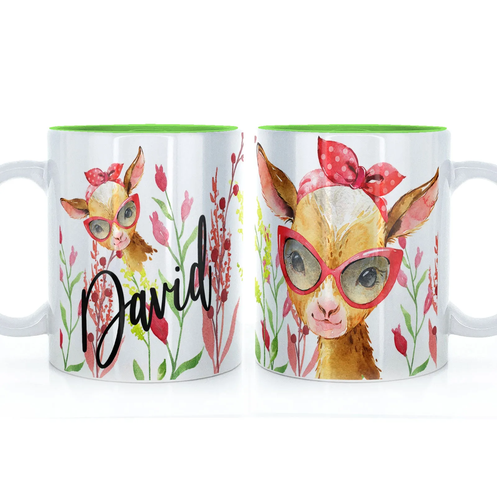 Personalised Mug with Stylish Text and Ginger Goat & Red Flowers