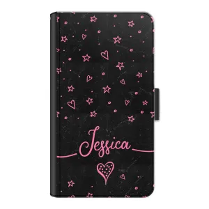 Personalised OnePlus Phone Leather Wallet with Pink Stylish text, Stars and Hearts on Black Marble