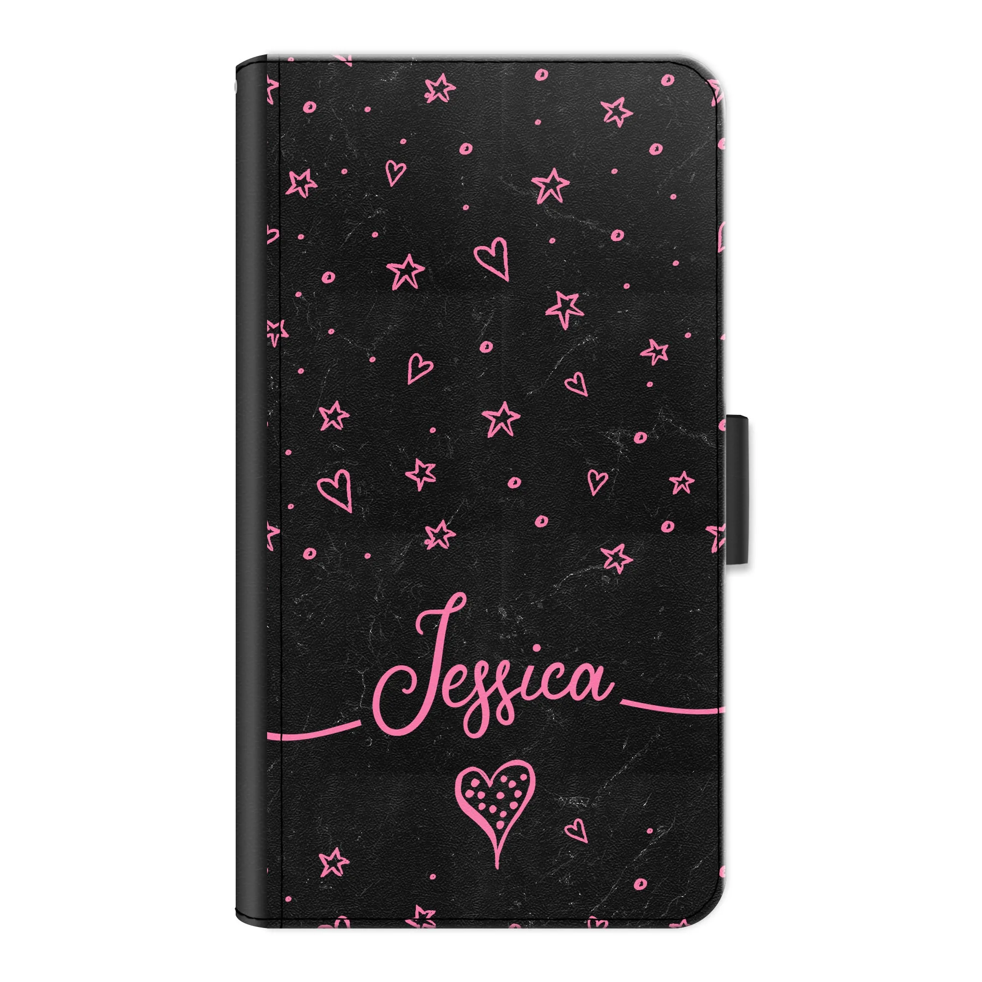 Personalised OnePlus Phone Leather Wallet with Pink Stylish text, Stars and Hearts on Black Marble