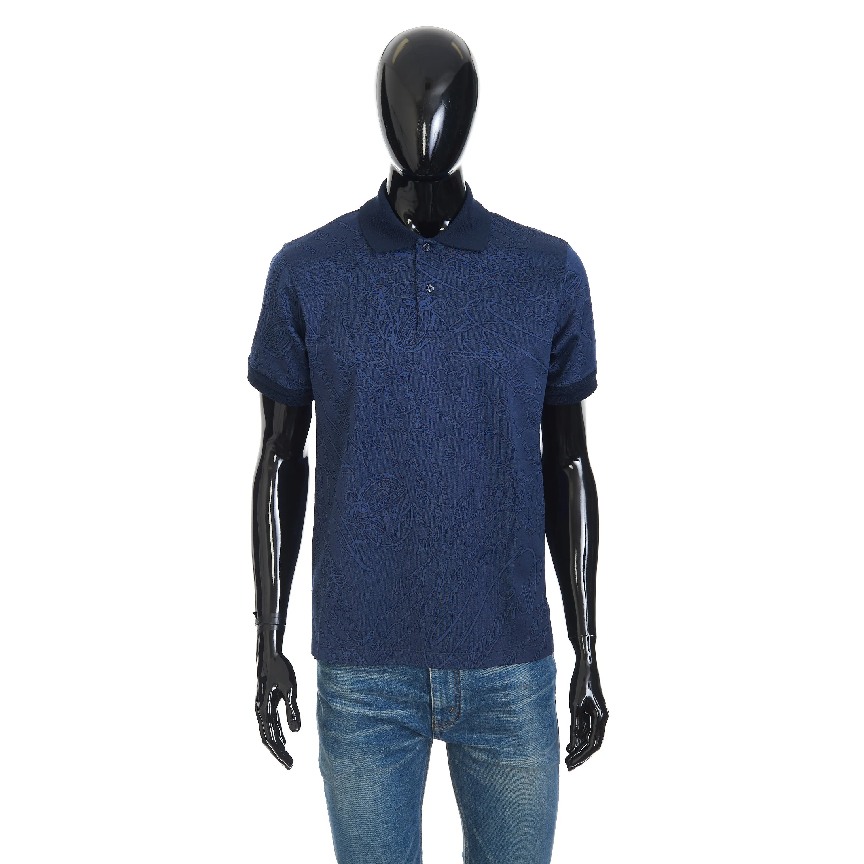 Polo-Shirt In Warm Blue All Over Scritto Jacquard Cotton
