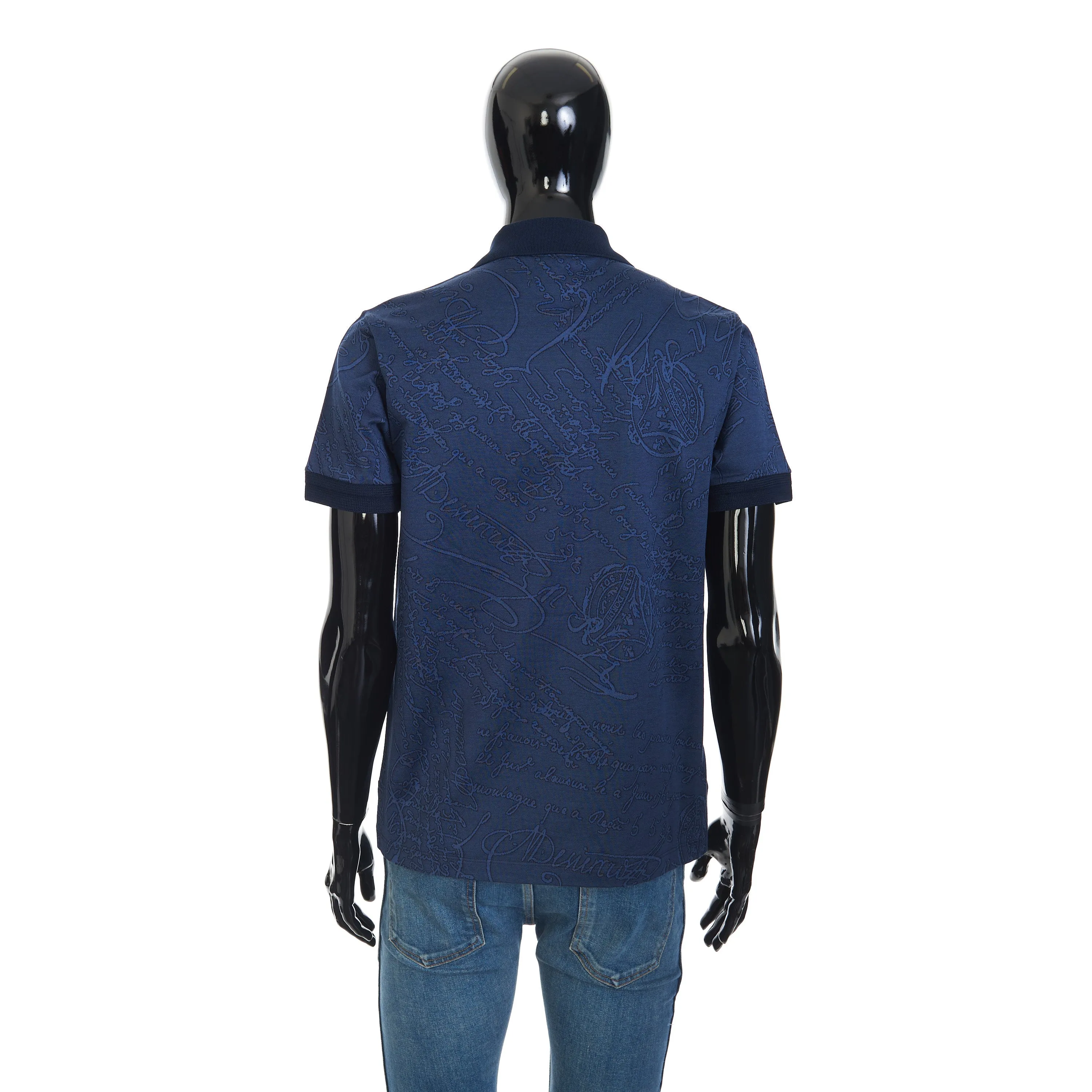 Polo-Shirt In Warm Blue All Over Scritto Jacquard Cotton