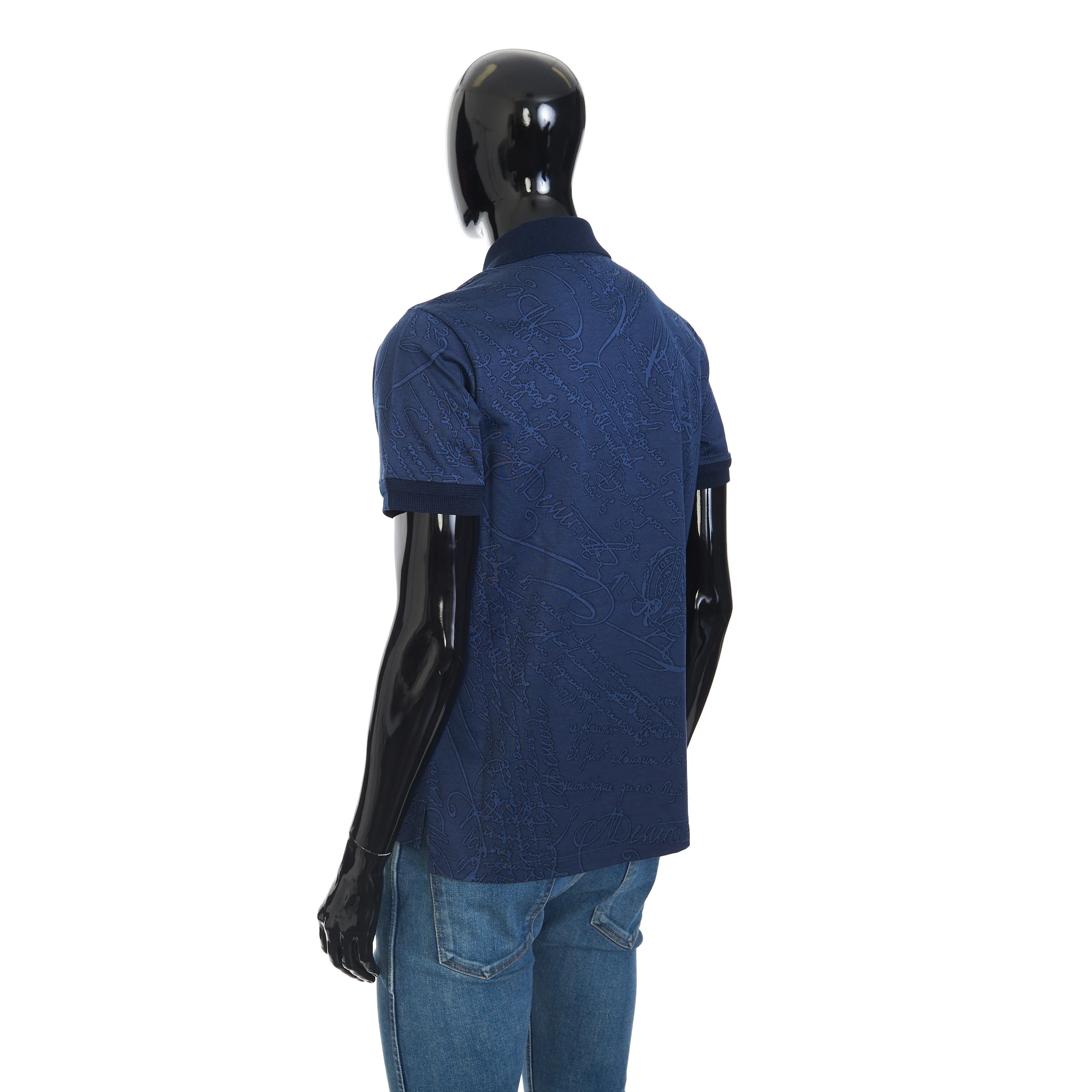 Polo-Shirt In Warm Blue All Over Scritto Jacquard Cotton