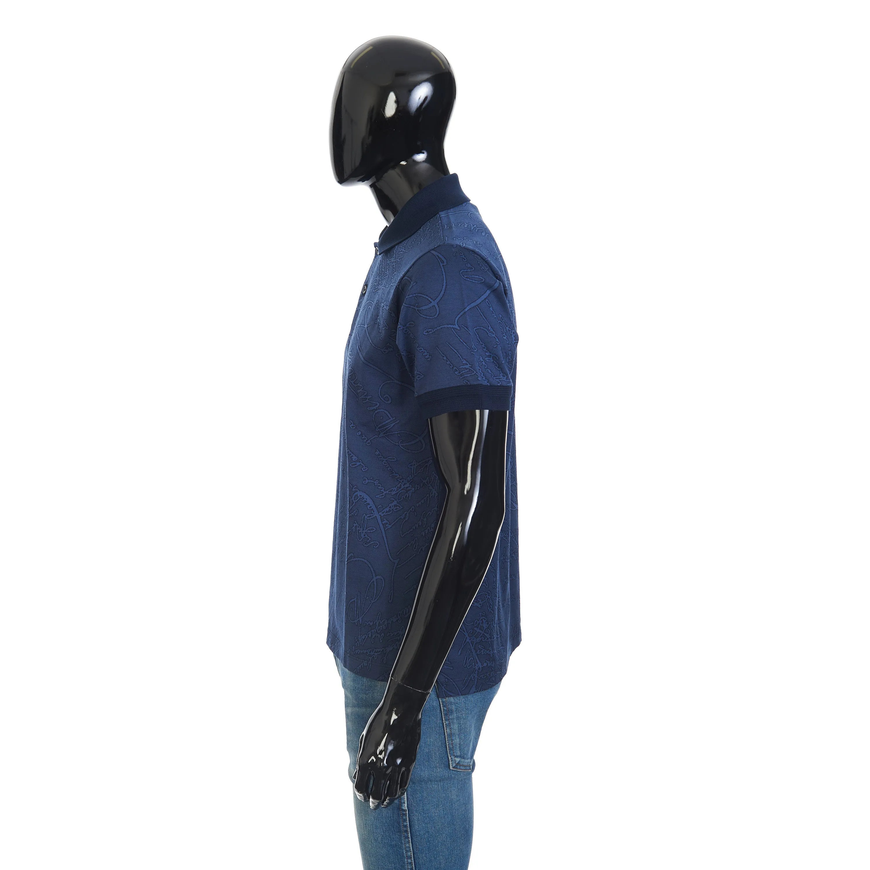 Polo-Shirt In Warm Blue All Over Scritto Jacquard Cotton