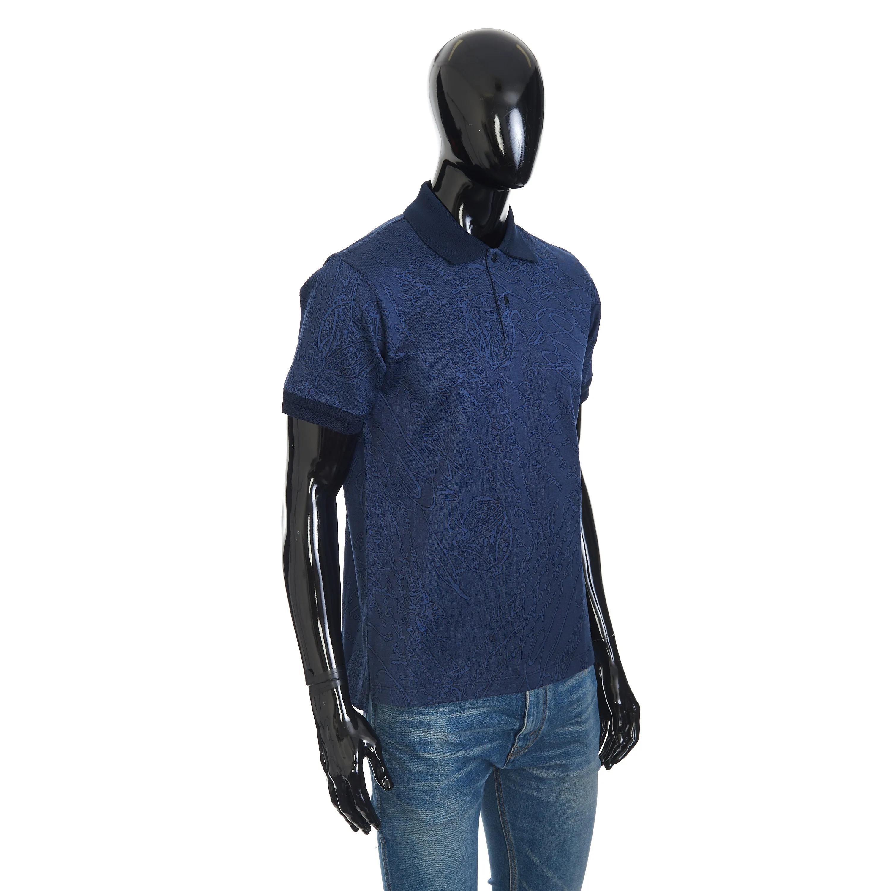 Polo-Shirt In Warm Blue All Over Scritto Jacquard Cotton