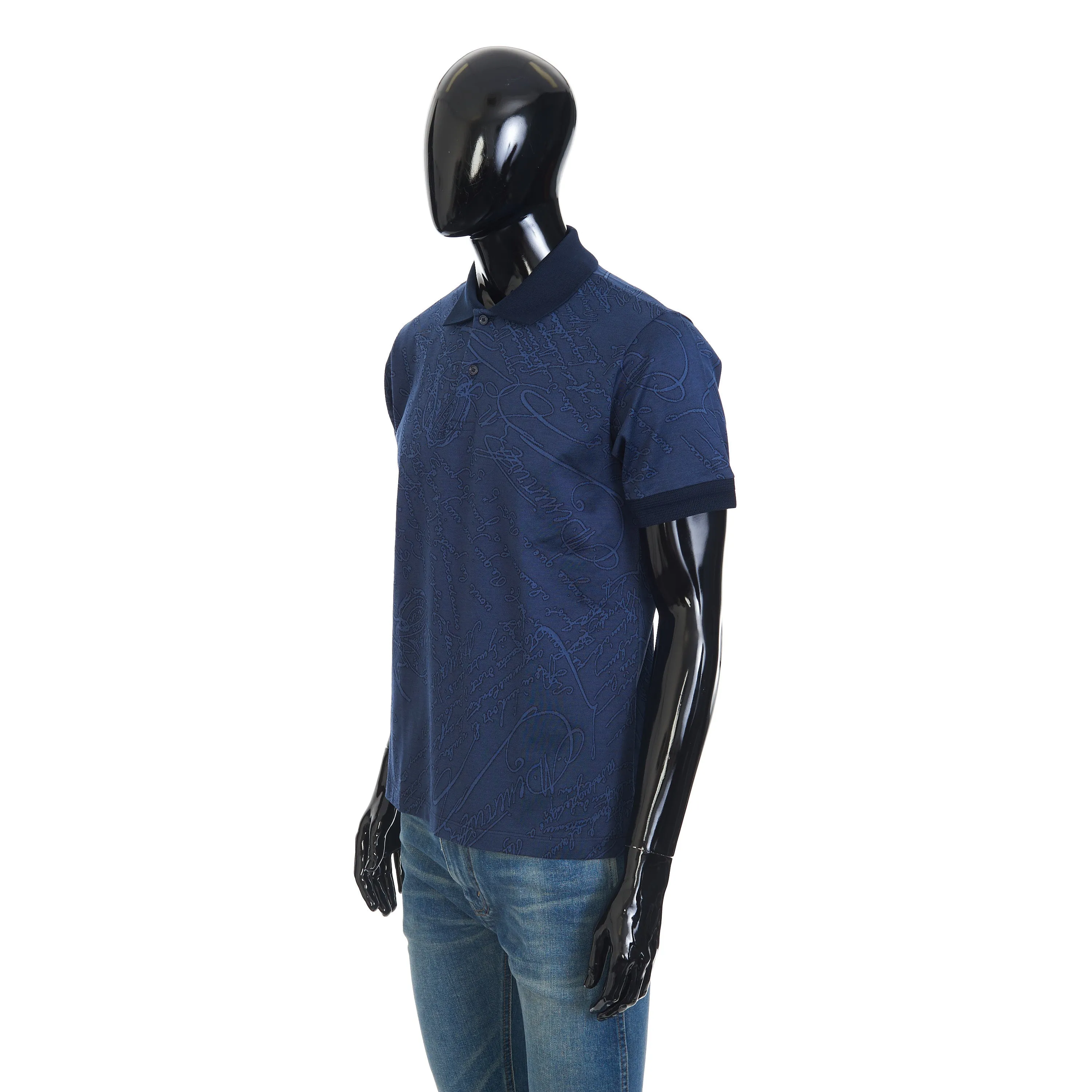 Polo-Shirt In Warm Blue All Over Scritto Jacquard Cotton