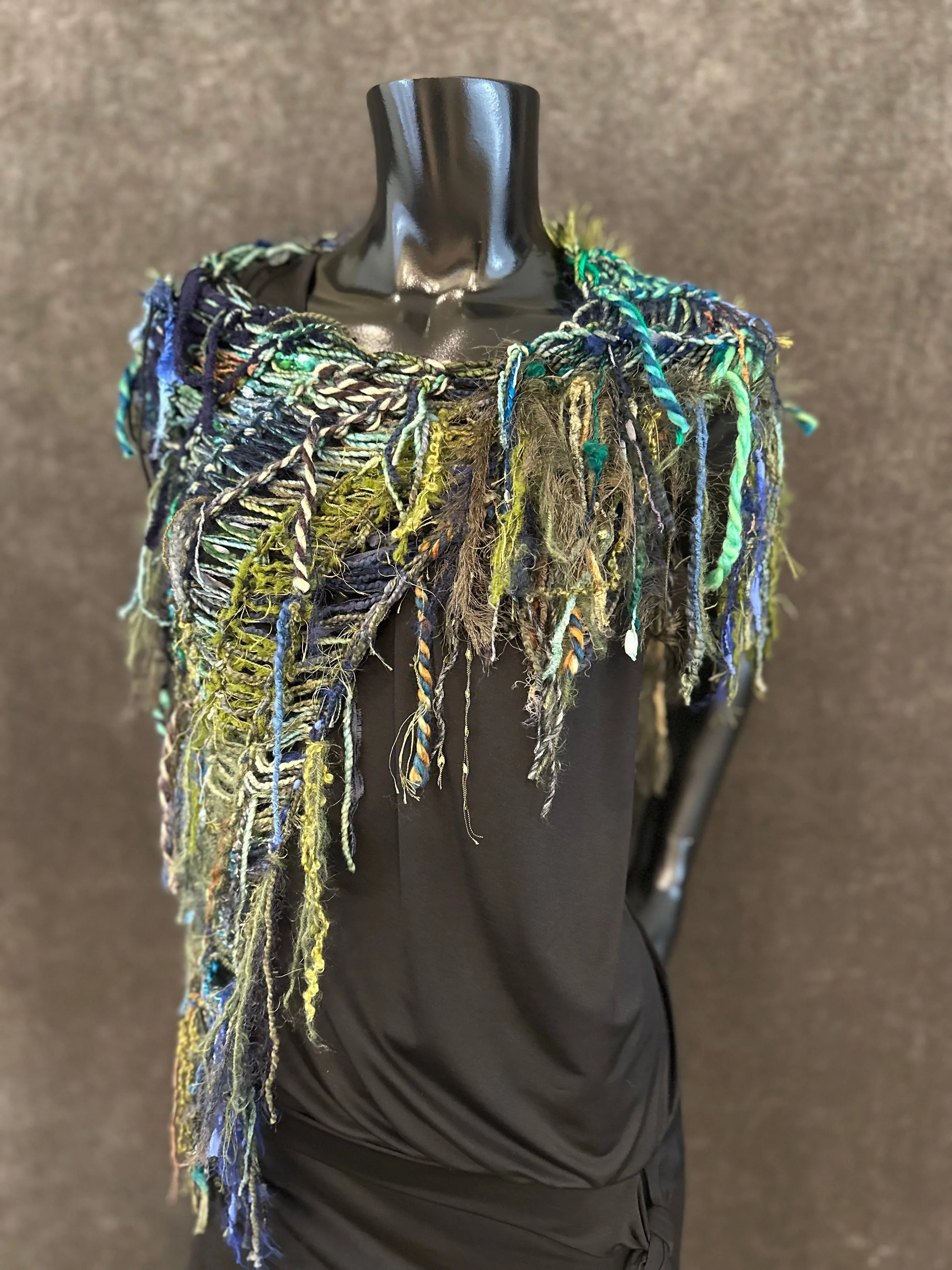 Poncholette in blue green, Boho hippie fringed shoulder wrap