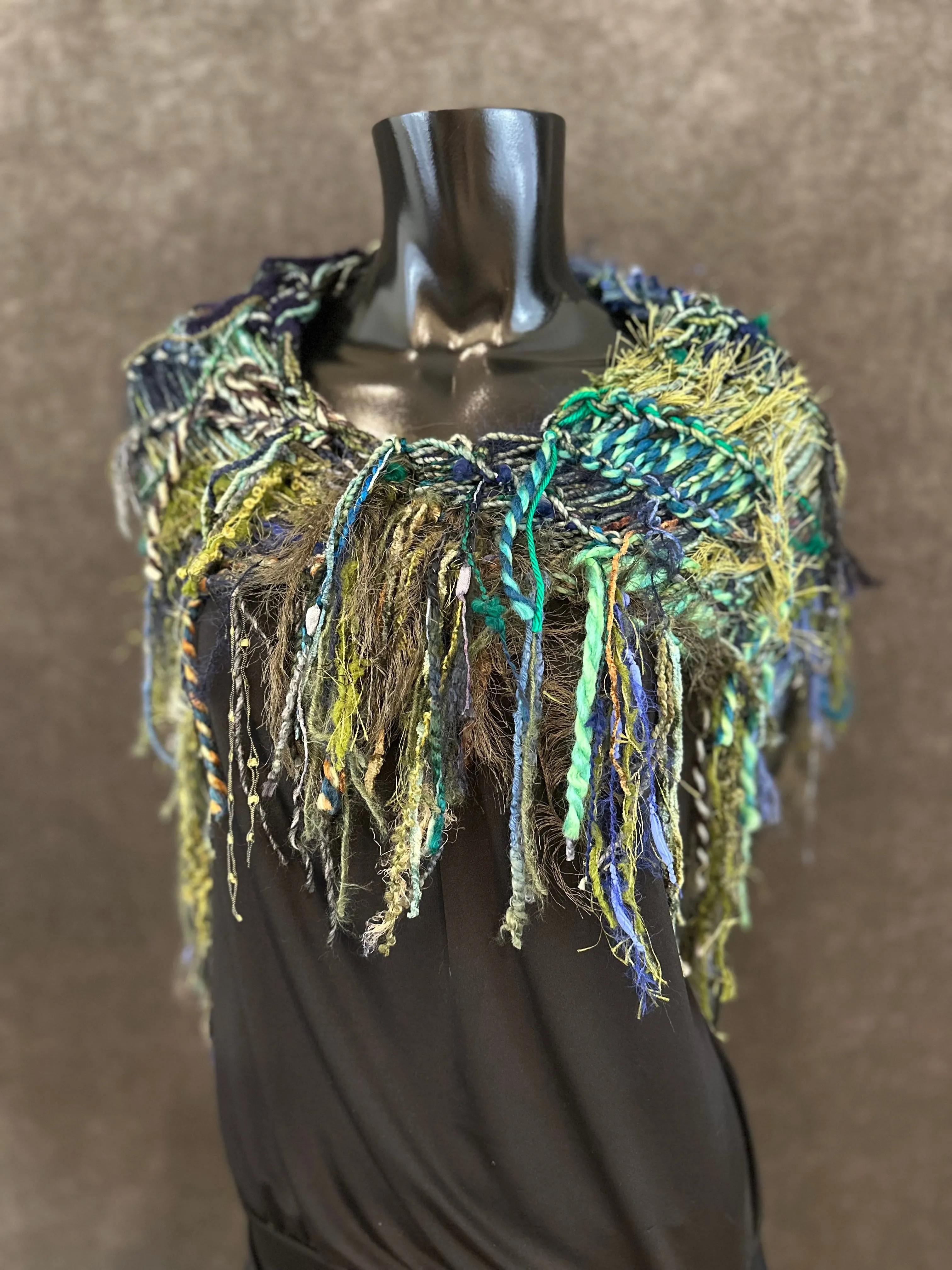Poncholette in blue green, Boho hippie fringed shoulder wrap