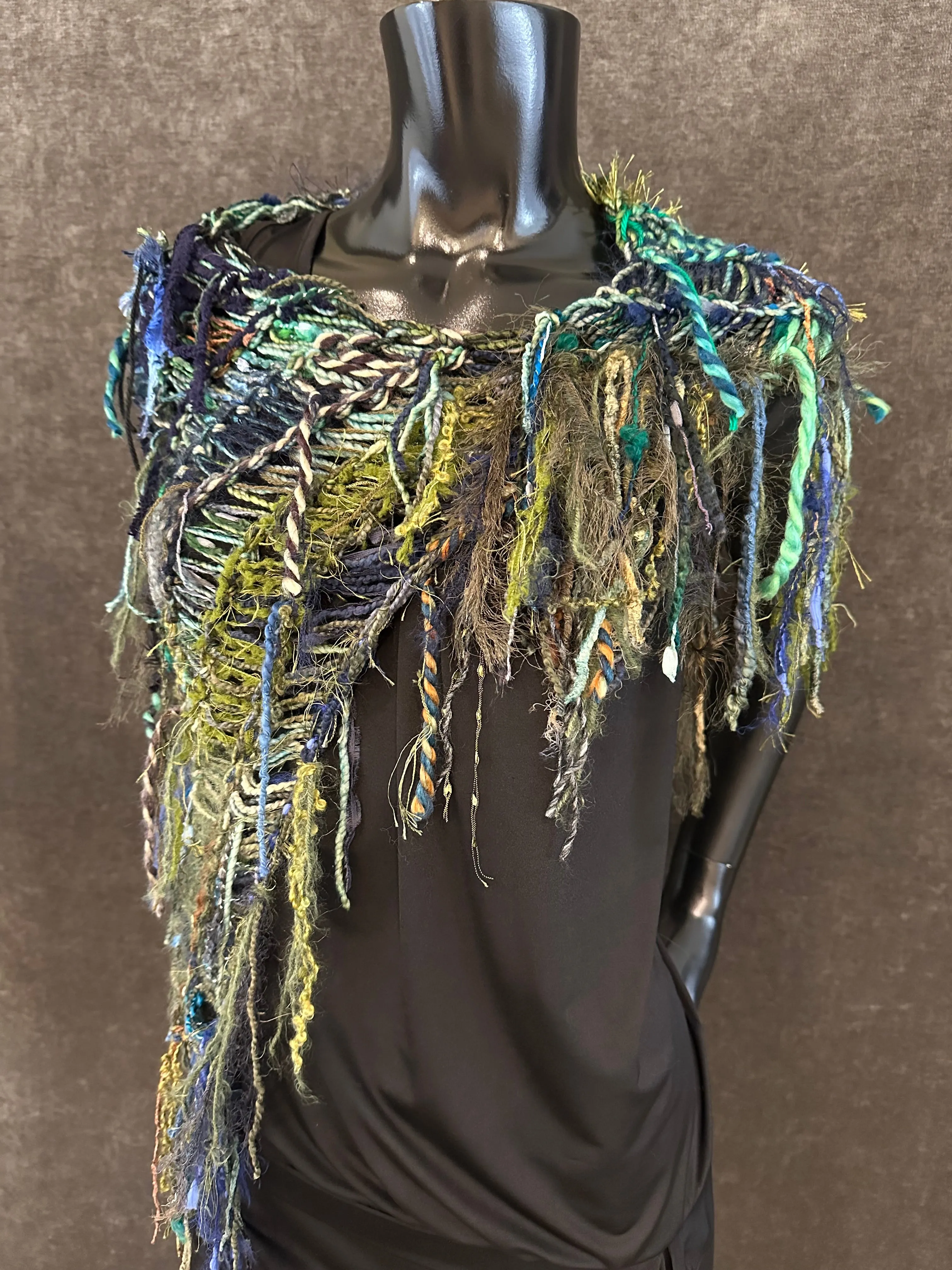 Poncholette in blue green, Boho hippie fringed shoulder wrap