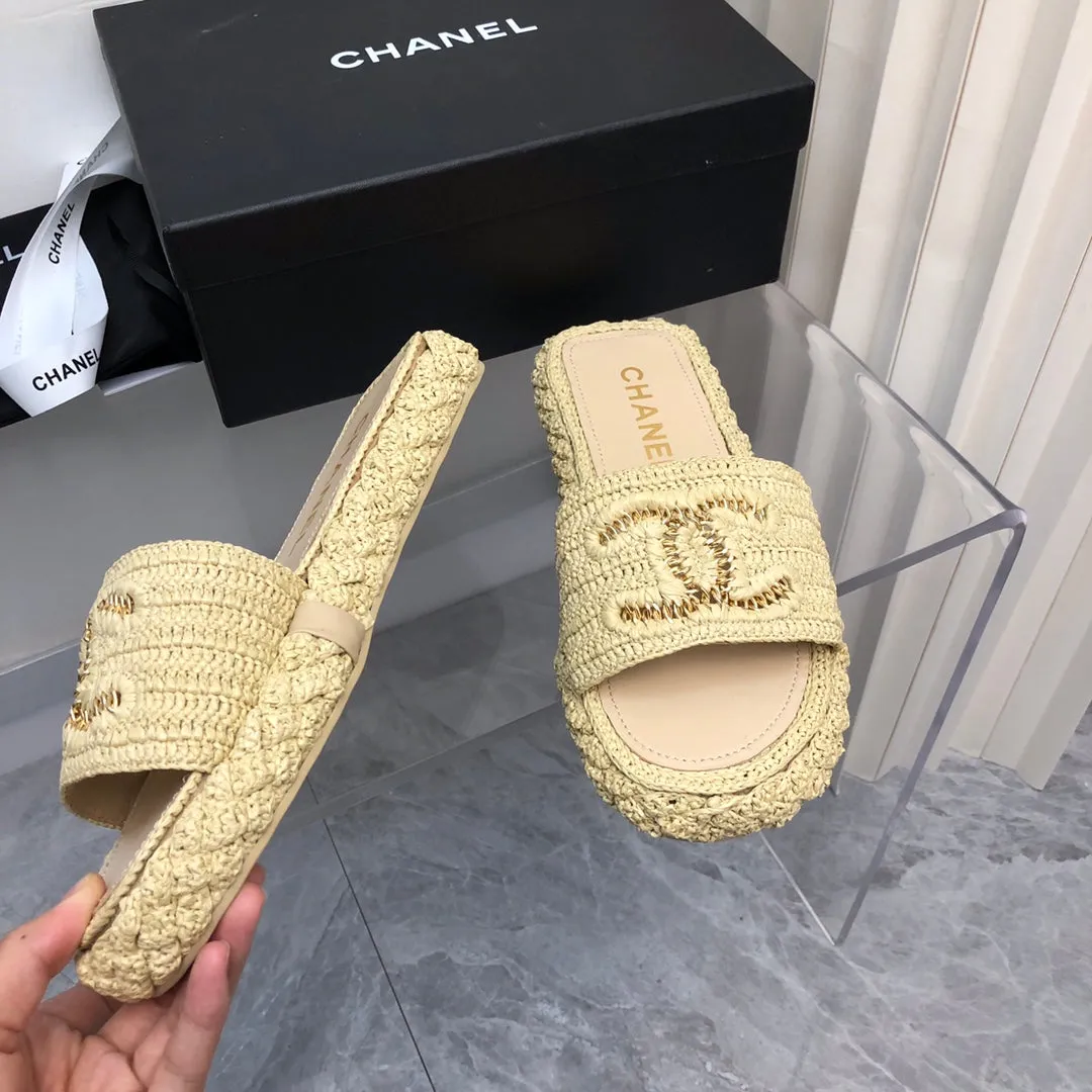 Raffia woven leather half slippers