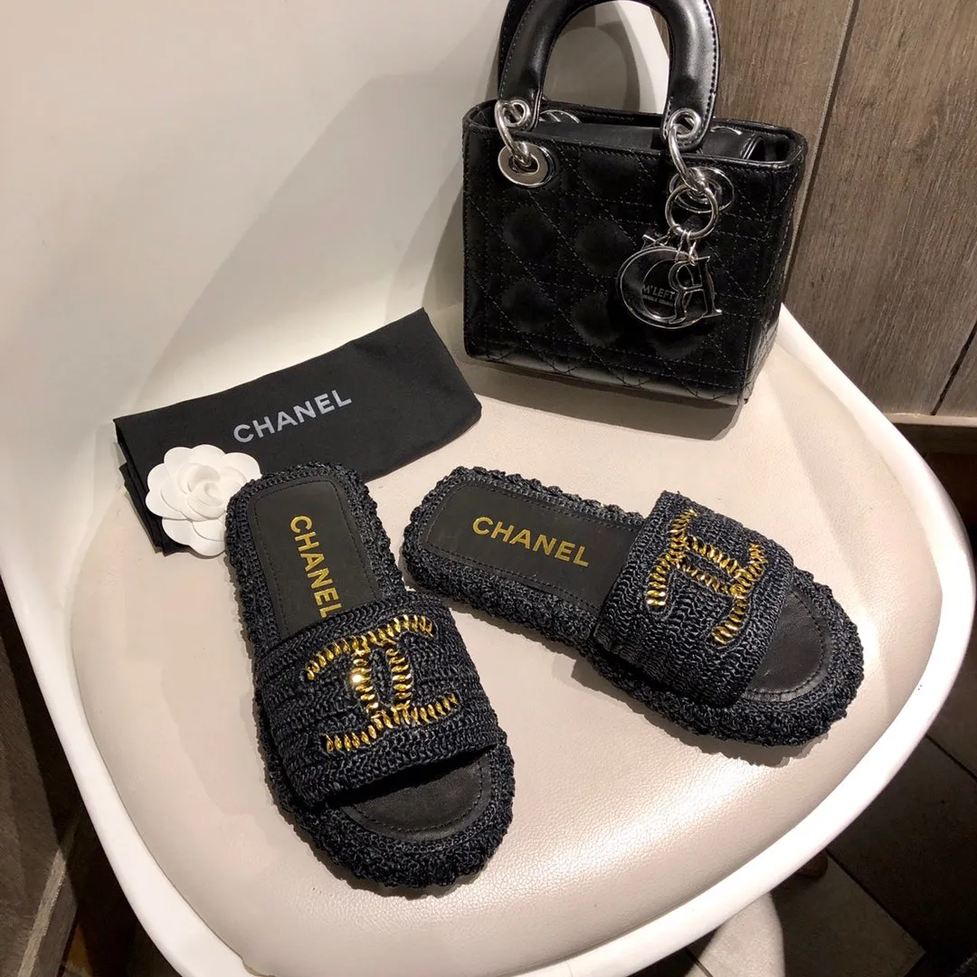 Raffia woven leather half slippers