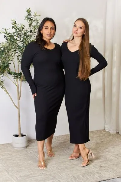 Seren Full Size Ribbed Long Sleeve Midi Slit Dress