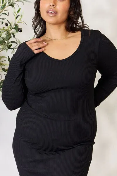 Seren Full Size Ribbed Long Sleeve Midi Slit Dress