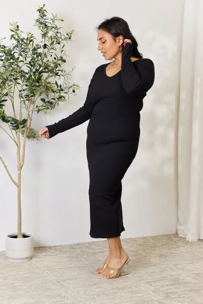 Seren Full Size Ribbed Long Sleeve Midi Slit Dress