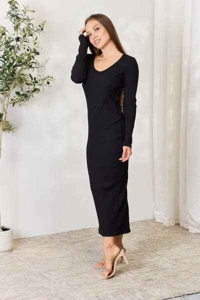Seren Full Size Ribbed Long Sleeve Midi Slit Dress