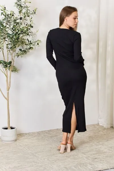 Seren Full Size Ribbed Long Sleeve Midi Slit Dress