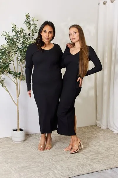 Seren Full Size Ribbed Long Sleeve Midi Slit Dress