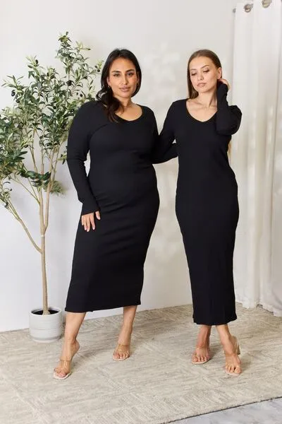 Seren Full Size Ribbed Long Sleeve Midi Slit Dress
