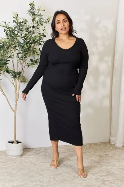 Seren Full Size Ribbed Long Sleeve Midi Slit Dress
