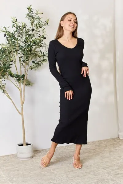 Seren Full Size Ribbed Long Sleeve Midi Slit Dress