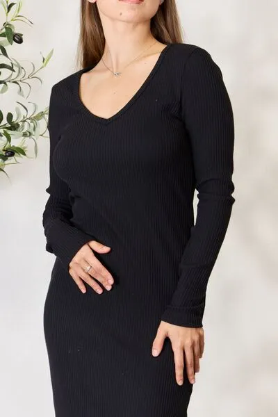 Seren Full Size Ribbed Long Sleeve Midi Slit Dress