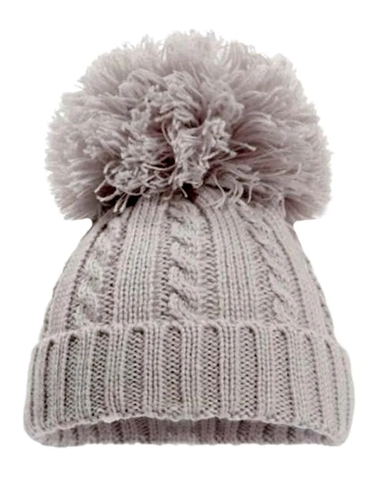 Silver Grey Cable Knit Pom Pom Hat - 12-24 Months