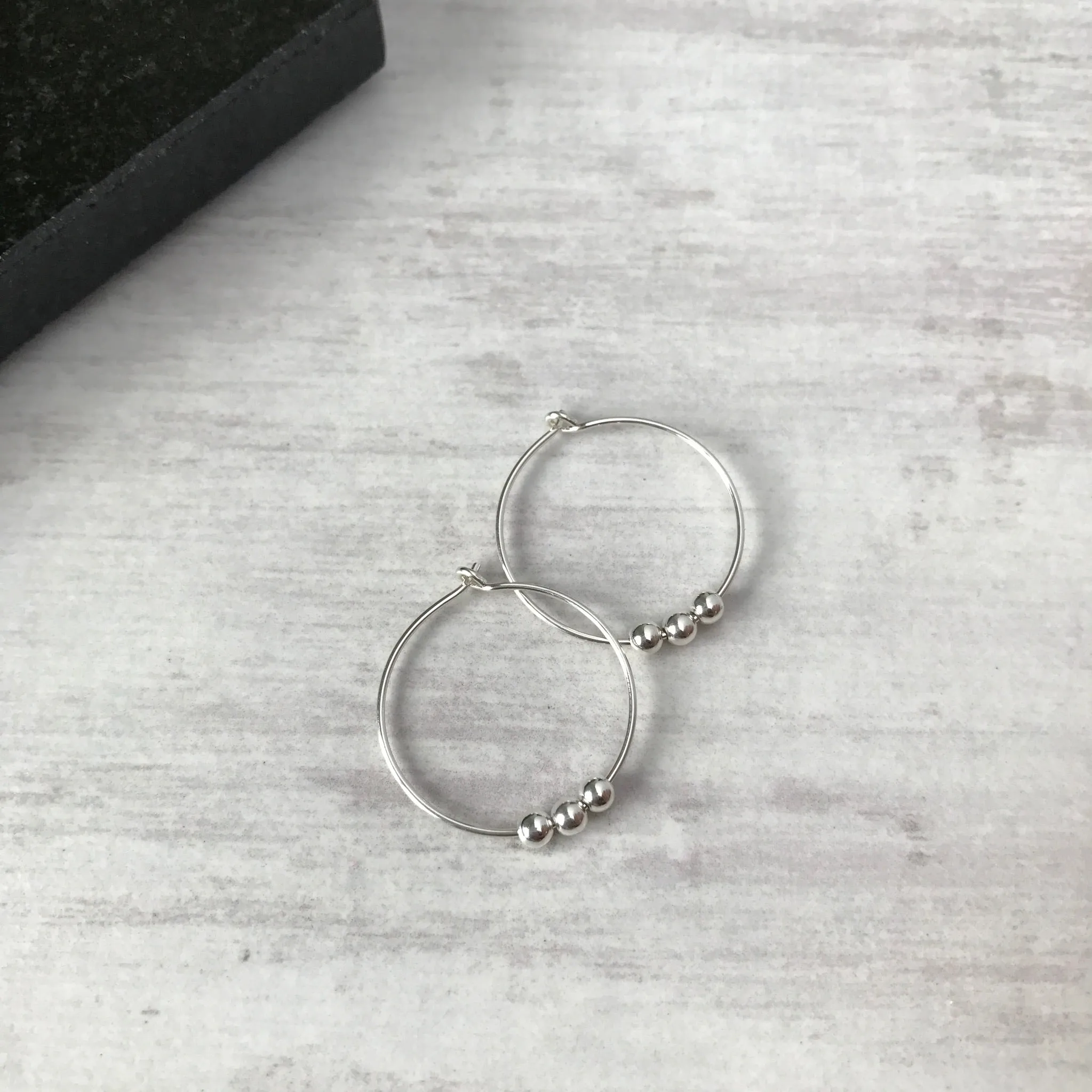 Silver Three Bead Hoop Earrings