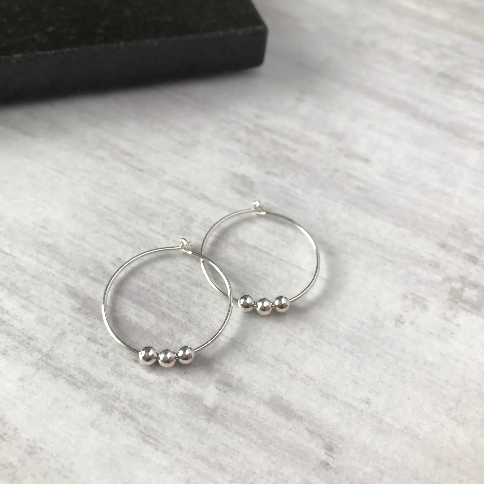 Silver Three Bead Hoop Earrings