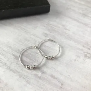 Silver Three Bead Hoop Earrings