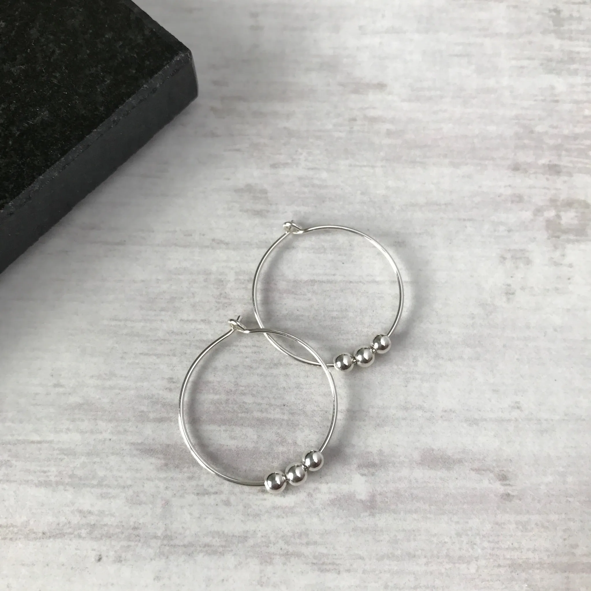 Silver Three Bead Hoop Earrings