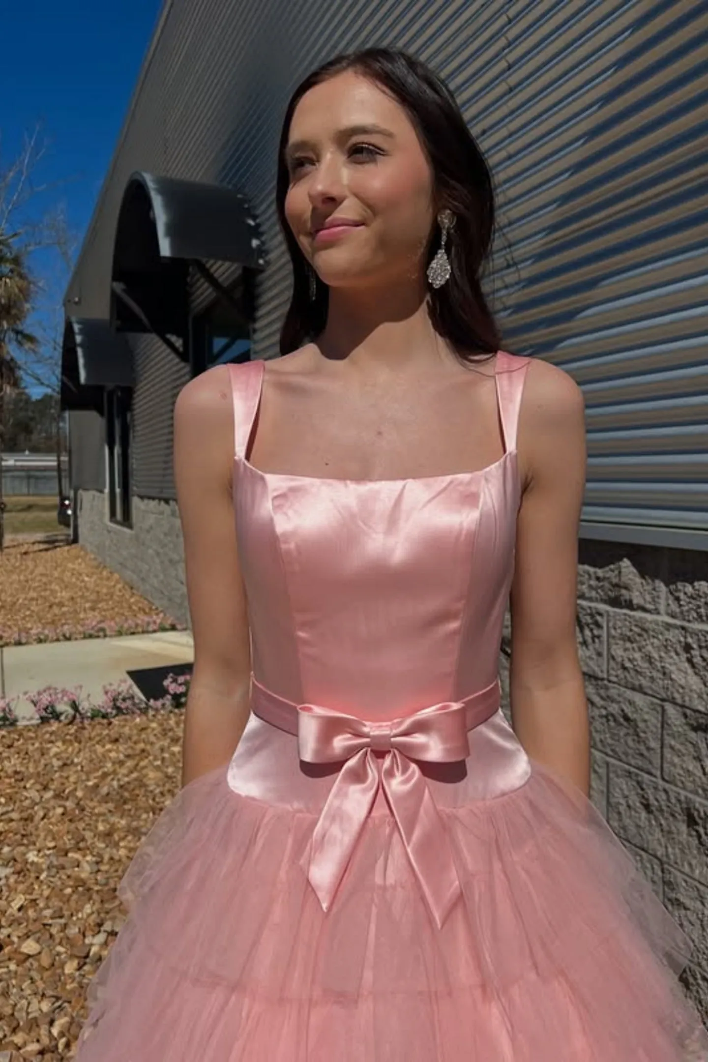 Stylish A Line Ruffle Pink Long Prom Dress with Bow, White Formal Graduation Evening Dress