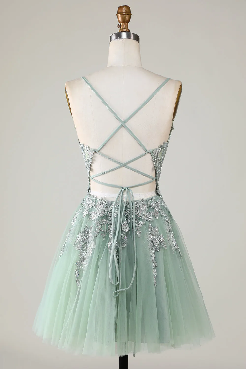 Stylish Green A Line Spaghetti Straps Short Homecoming Dress with Appliques