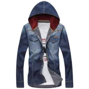Stylish Hooded Slimming Double Pockets Fabric Splicing Long Sleeve Denim Shirt For Men - Deep Blue 2xl