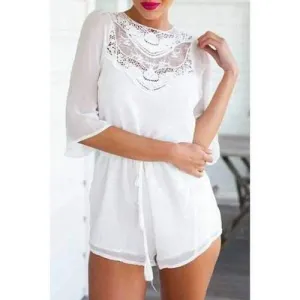Stylish Jewel Neck Half Sleeve Lace Spliced Solid Color Backless Women's Playsuit - White L
