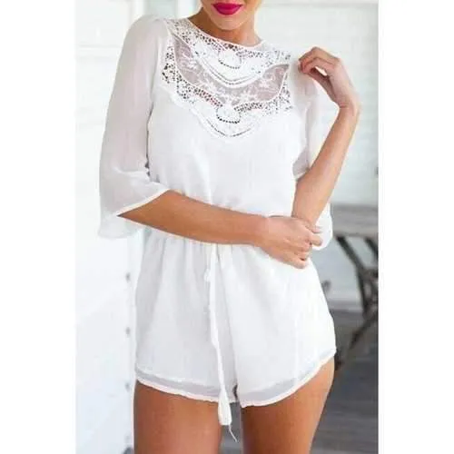 Stylish Jewel Neck Half Sleeve Lace Spliced Solid Color Backless Women's Playsuit - White L