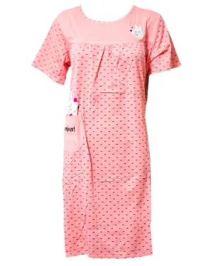 Stylish Pink Long Nighty Dotted & Side Pocket 102 -  Women Nightdress